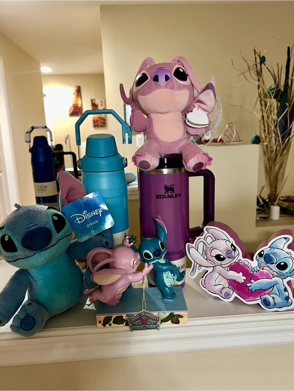 Stanley Purple Travel Mug with Blue and Pink Stitch Plushes